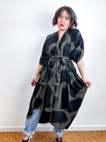 Hand-Dyed High Low Kimono Olive Black Brush