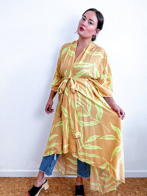 Print High Low Kimono Citron Leaves Challis