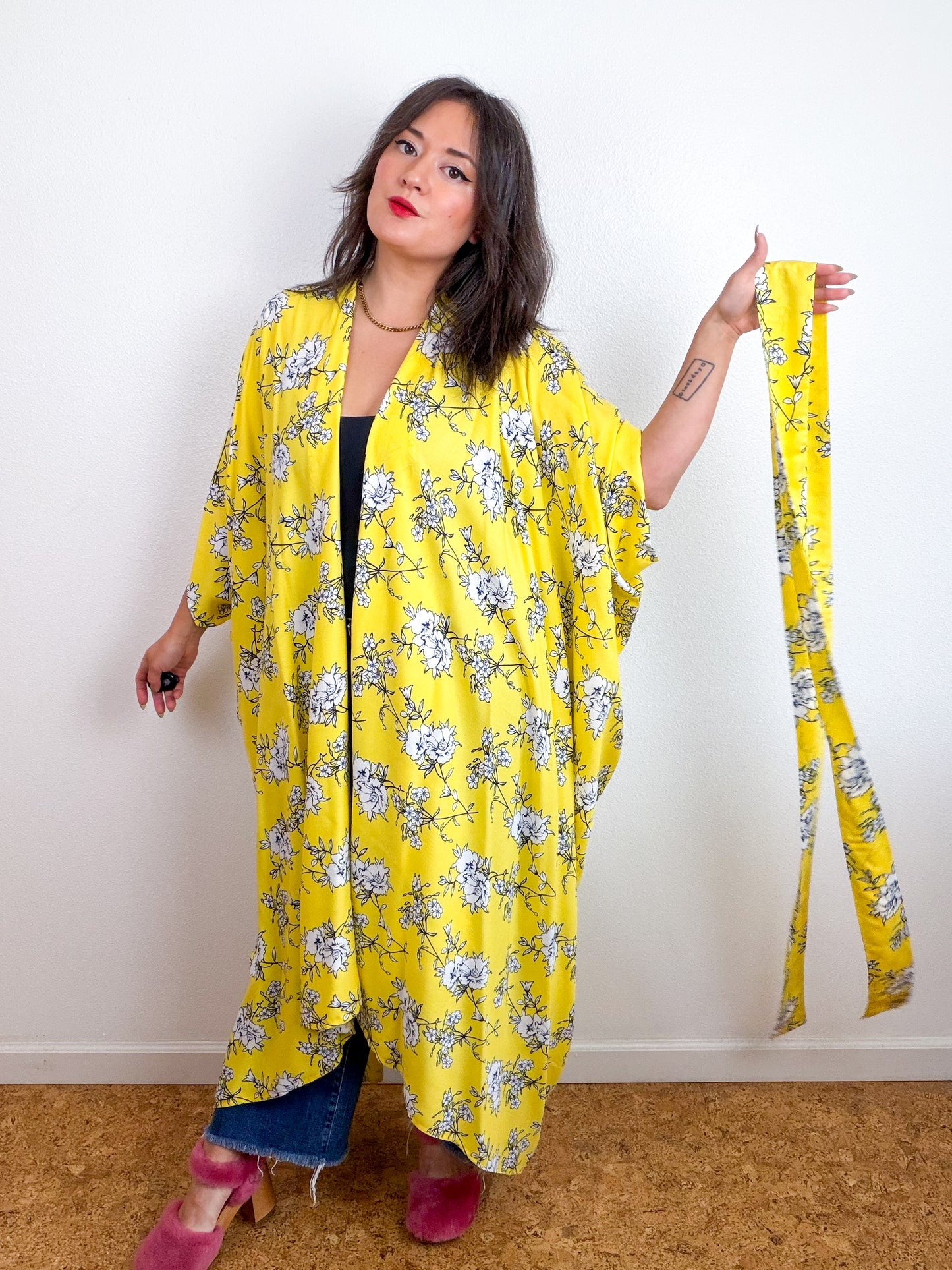 Print High Low Kimono Lemon Yellow Floral Challis