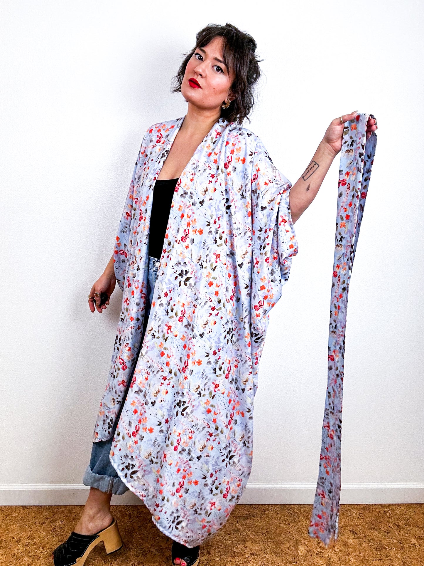 Print High Low Kimono Blue Botanical Challis