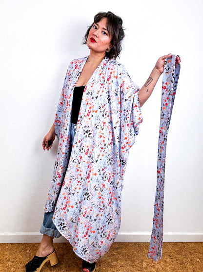 Print High Low Kimono Blue Botanical Challis