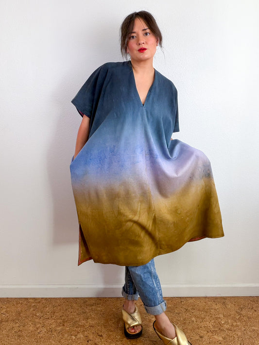 Hand-Dyed Linen Blend Caftan Dress Midi Length Raven Wisteria Bronze Gradient