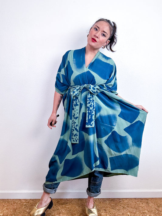Hand-Dyed High Low Kimono Sage Indigo Brush