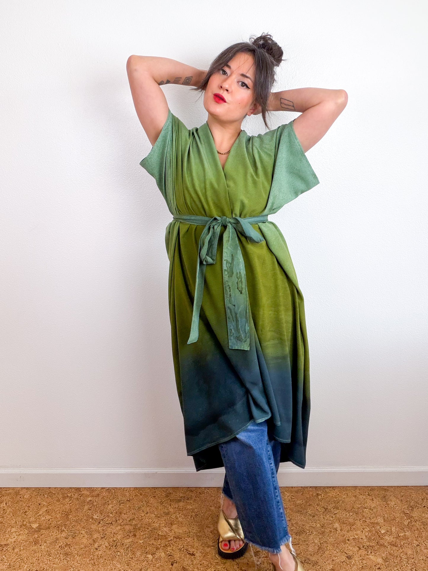 Hand-Dyed High Low Kimono Sage Moss Charcoal Gradient