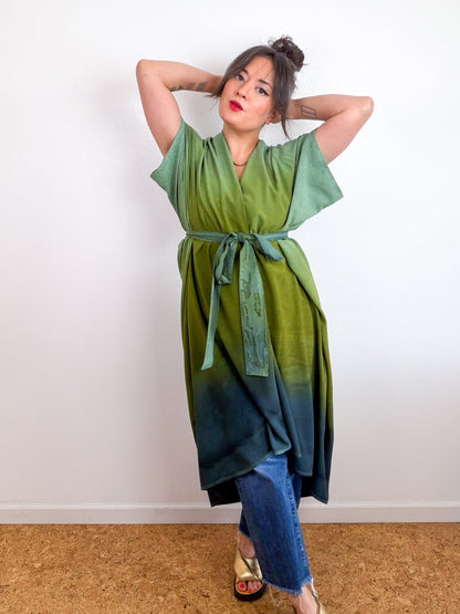 Hand-Dyed High Low Kimono Sage Moss Charcoal Gradient