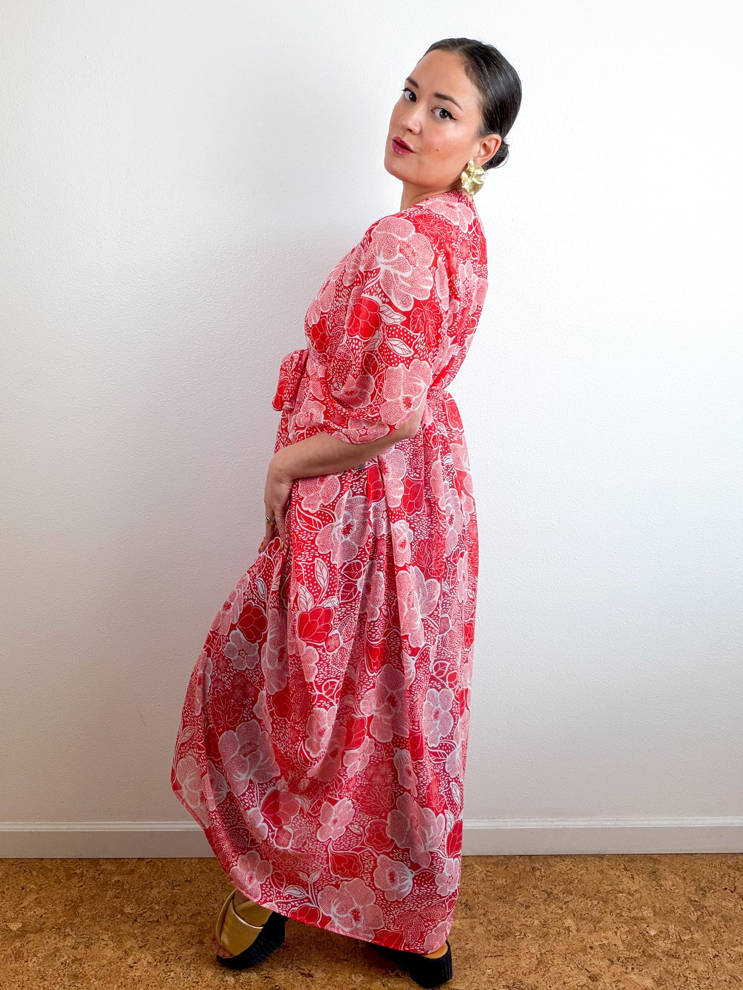 Print High Low Kimono Red Floral Chiffon
