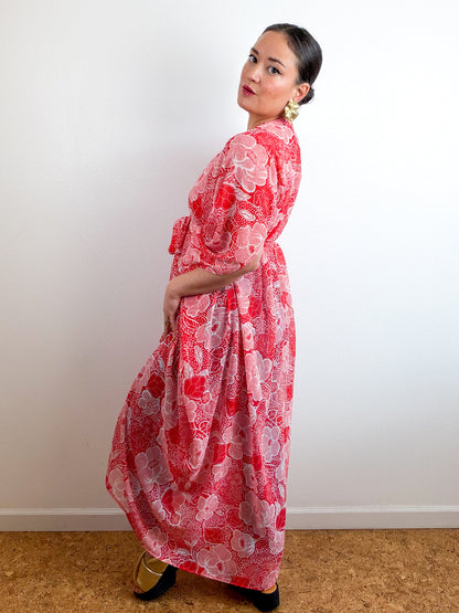 Print High Low Kimono Red Floral Chiffon