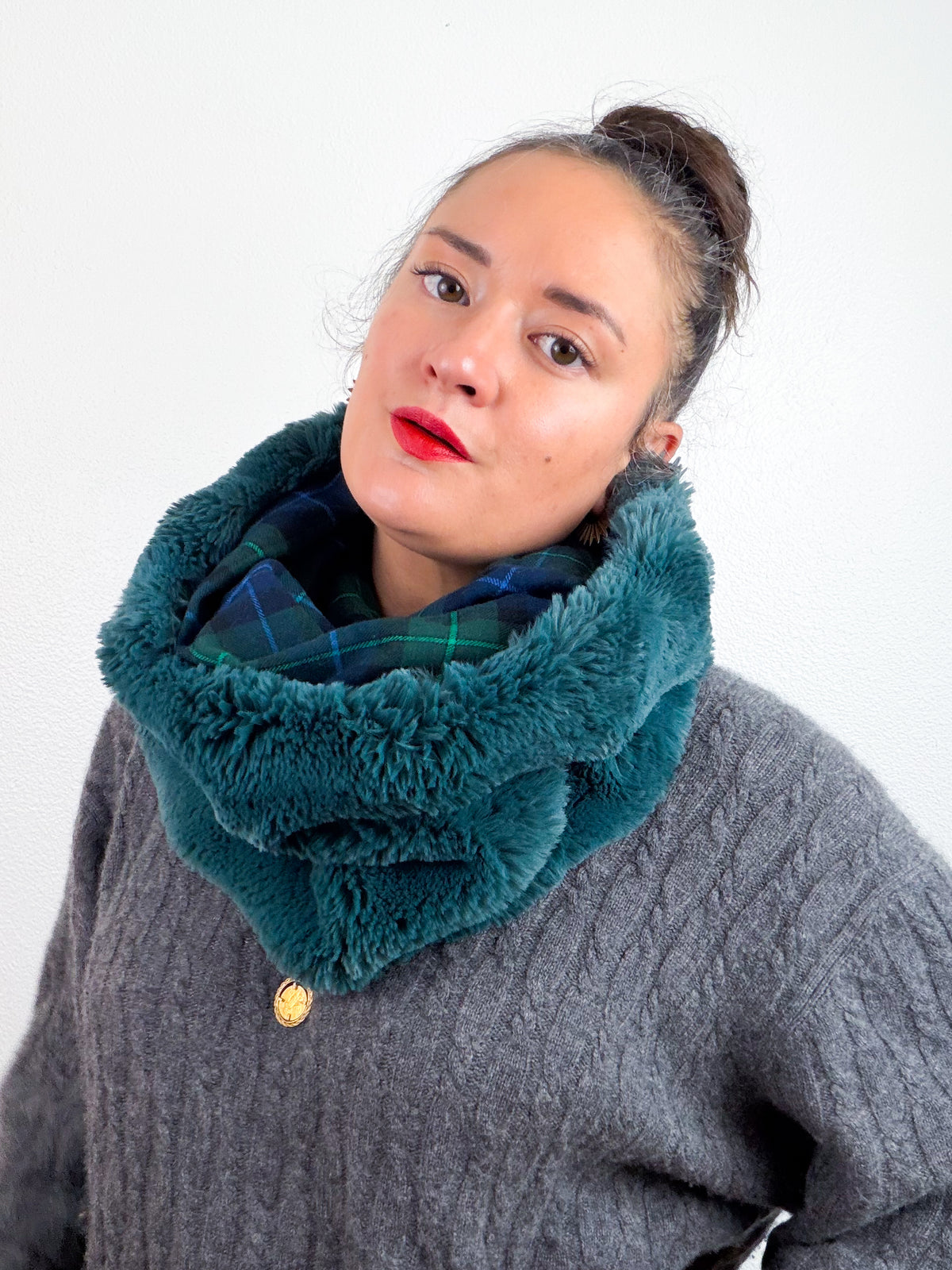 Faux Fur Cowl Scarf Teal Plaid