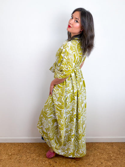 Print High Low Kimono Chartreuse Seventies Floral Bubble Crepe