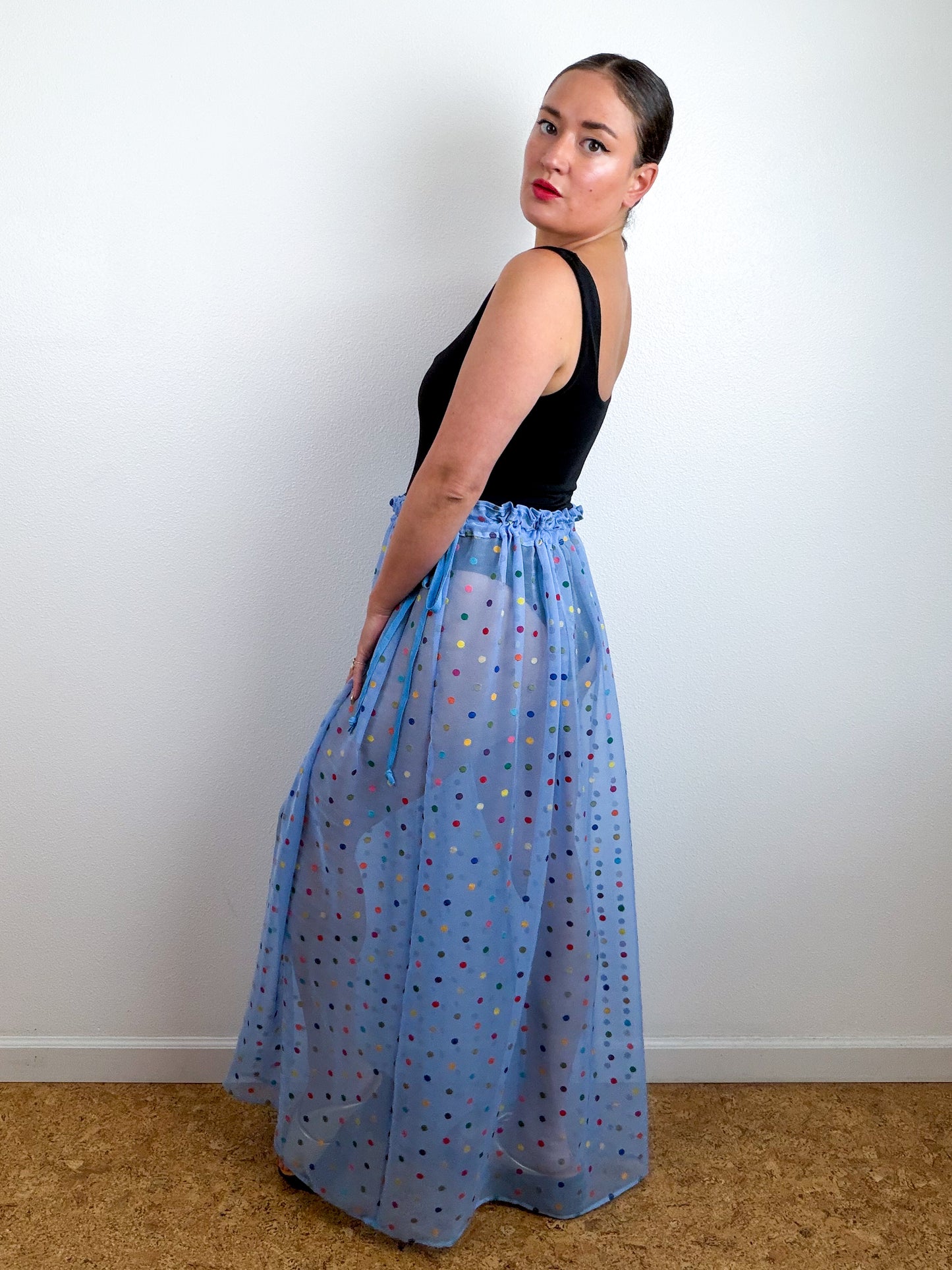THE SKIRT Blue Rainbow Dots Silk Chiffon