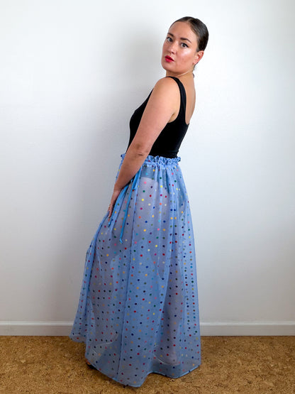 THE SKIRT Blue Rainbow Dots Silk Chiffon