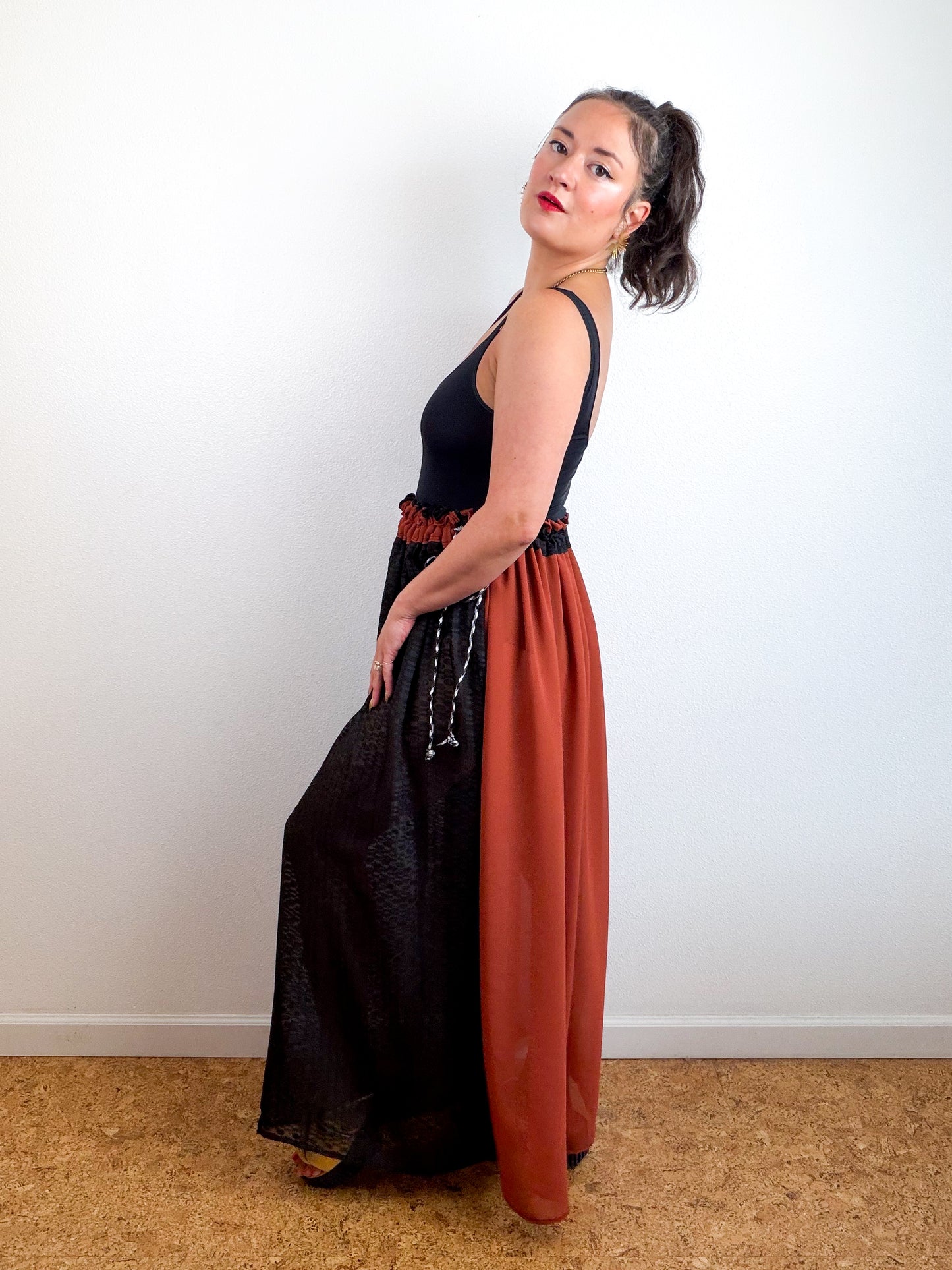 THE SKIRT Rust Black Dots Reversible Chiffon