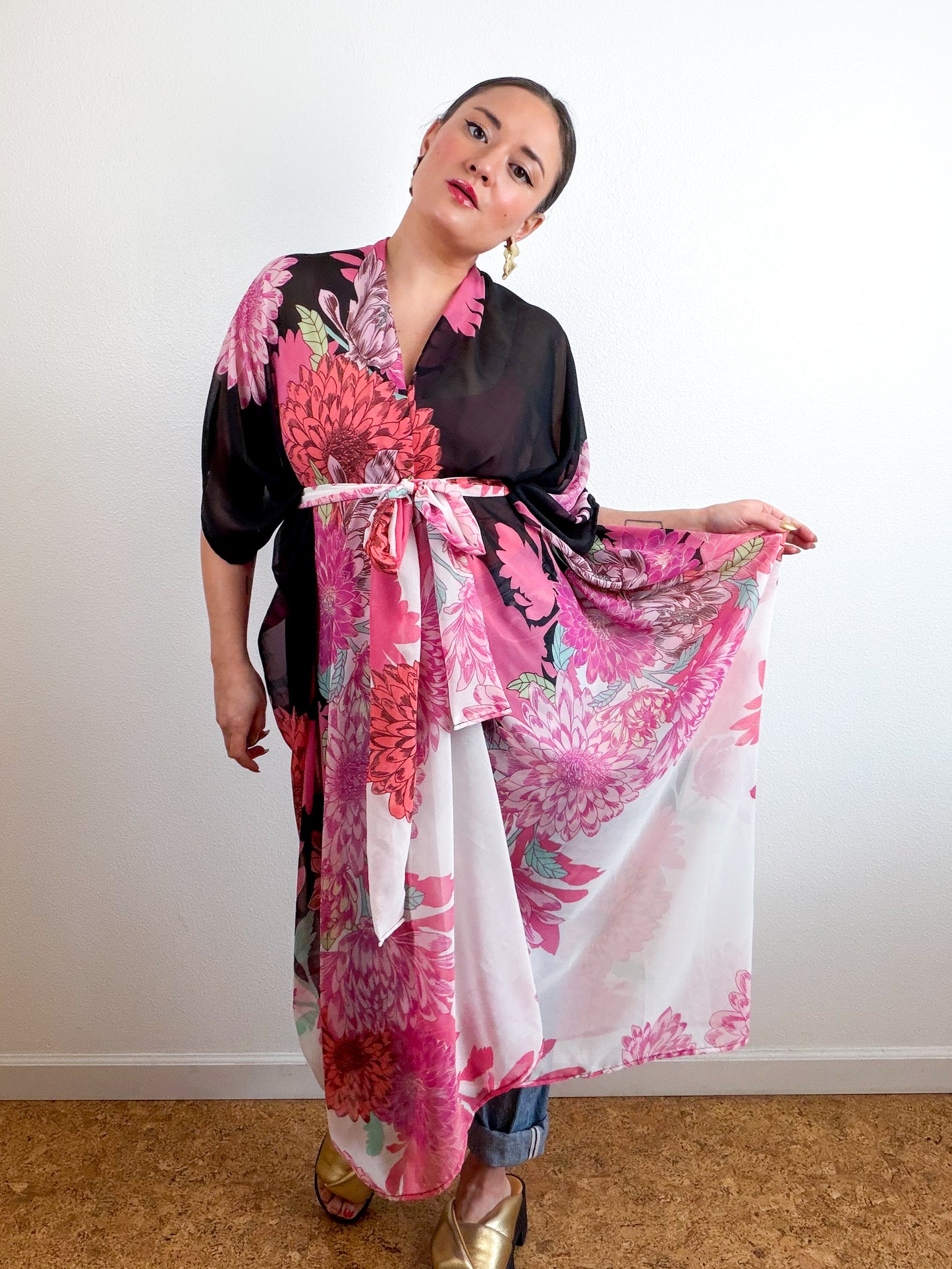 Print High Low Kimono Black Pink Dhalia Chiffon
