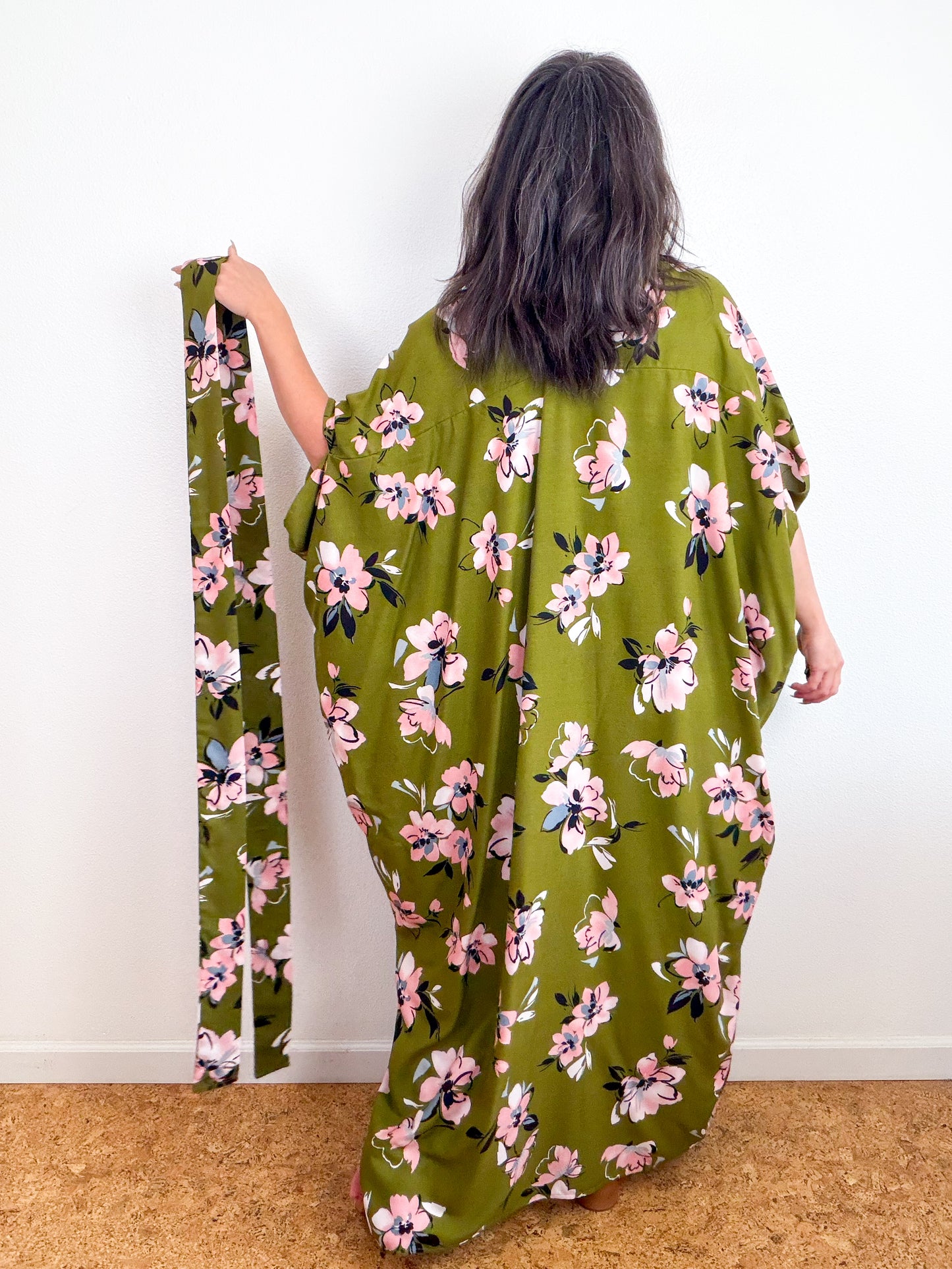 Print High Low Kimono Olive Floral Challis