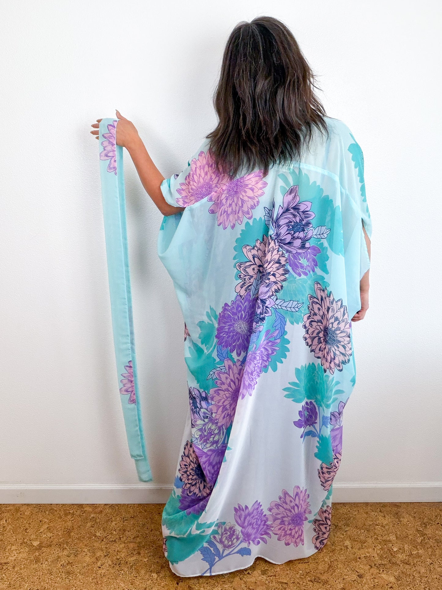 Print High Low Kimono Aqua Lavender Dhalia Chiffon