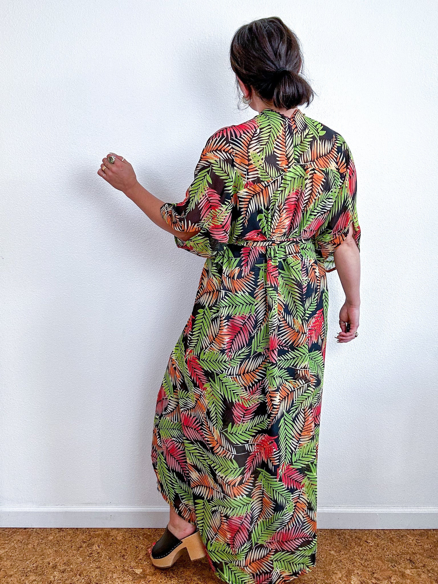 Print High Low Kimono Green Orange Palm Chiffon