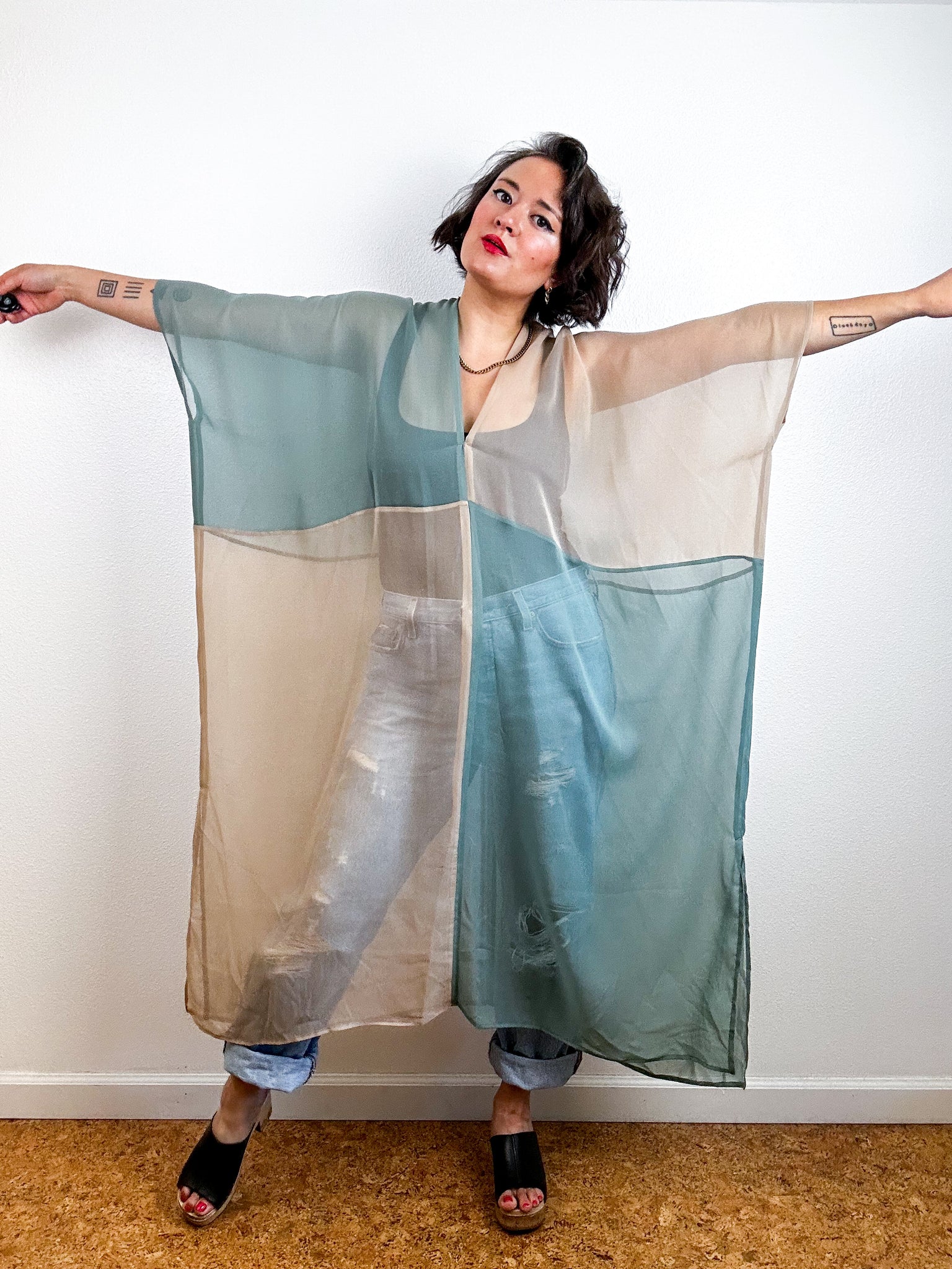 SILK Color Block Midi Caftan Dress Fawn Sage