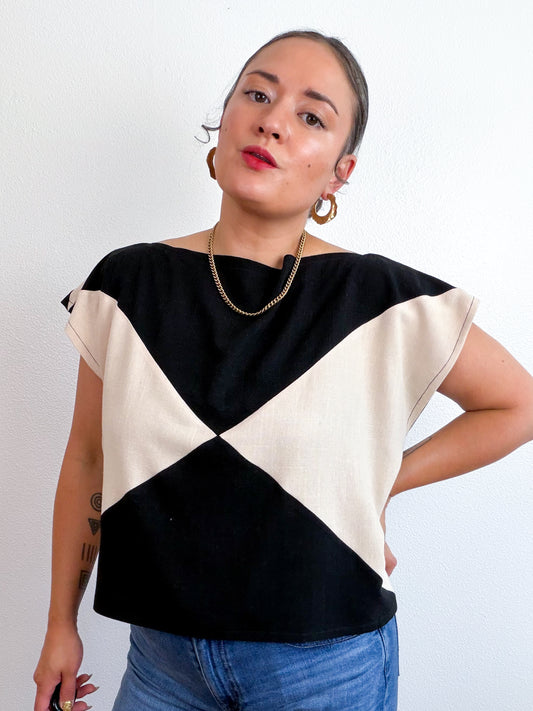 Linen Blend Flip Crop Black Ivory