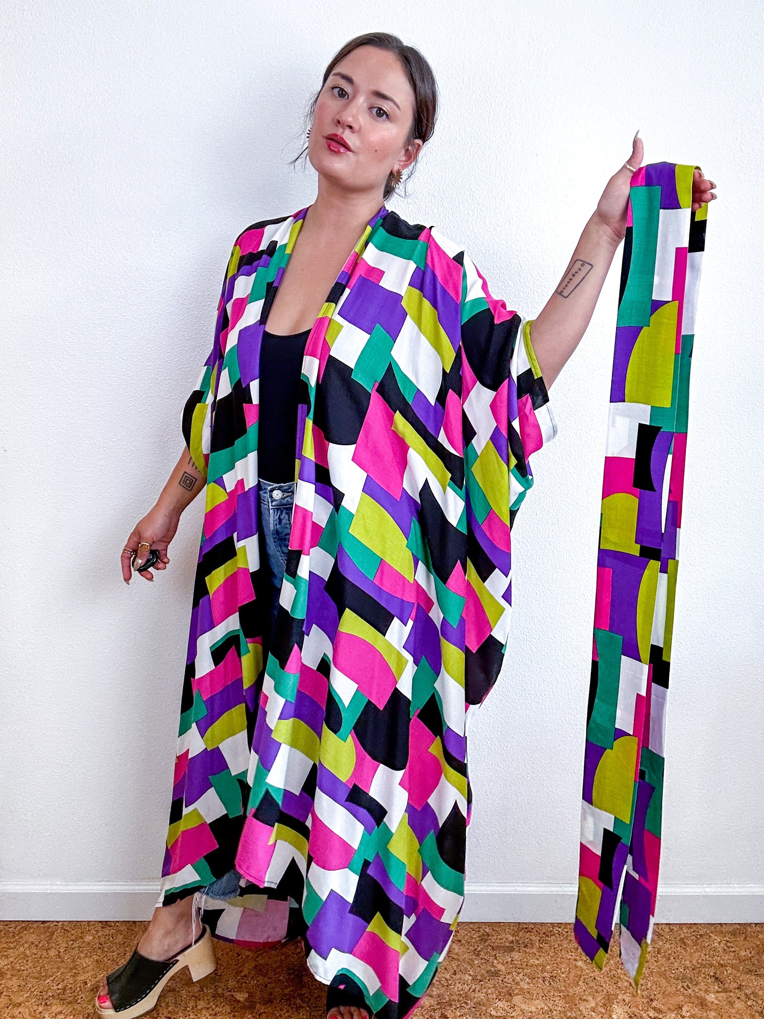 Print High Low Kimono Multi Color Block Challis