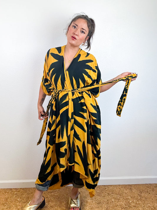 Hand-Dyed High Low Kimono Marigold Black Palms