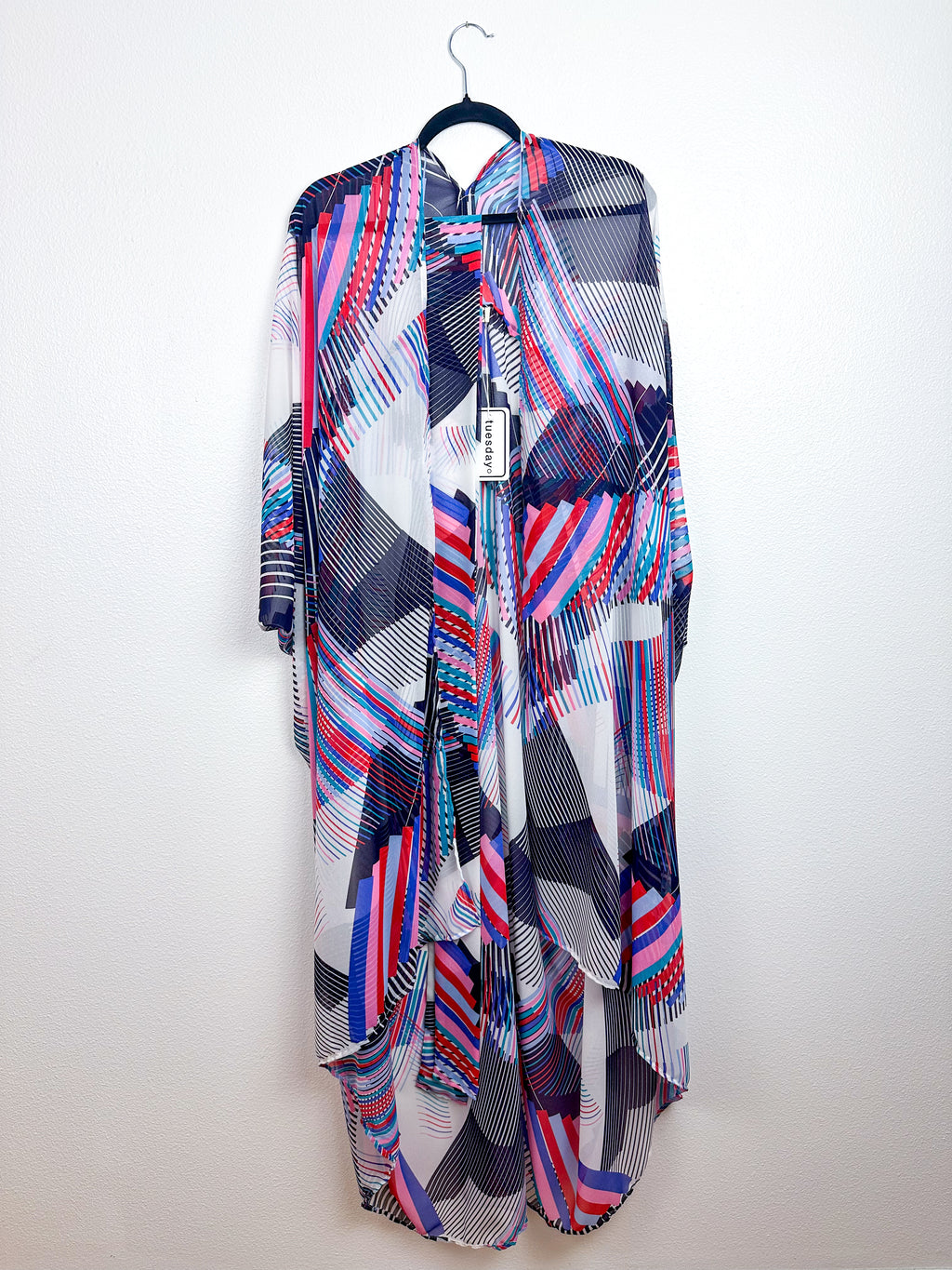 Print High Low Kimono Purple Geo Lines Chiffon