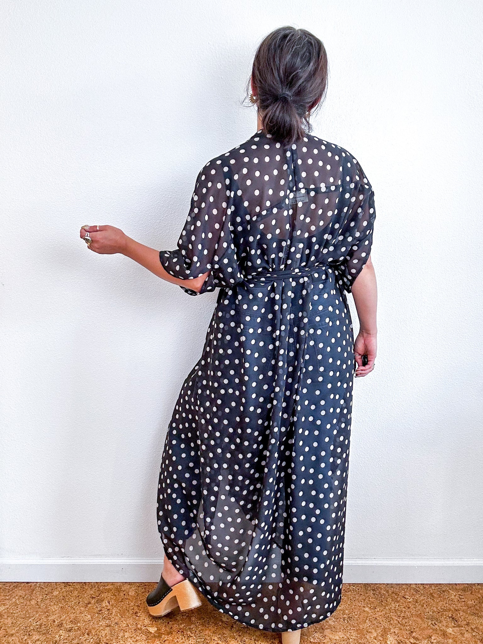 Print High Low Kimono Black Ivory Polka Dot Chiffon