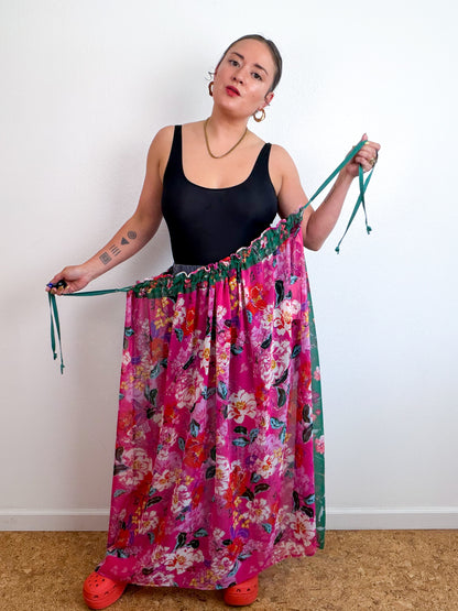 THE SKIRT Pink Green Floral Reversible Chiffon