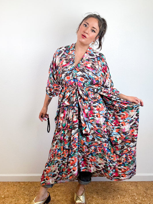 Print High Low Kimono Multicolor Splatter Challis