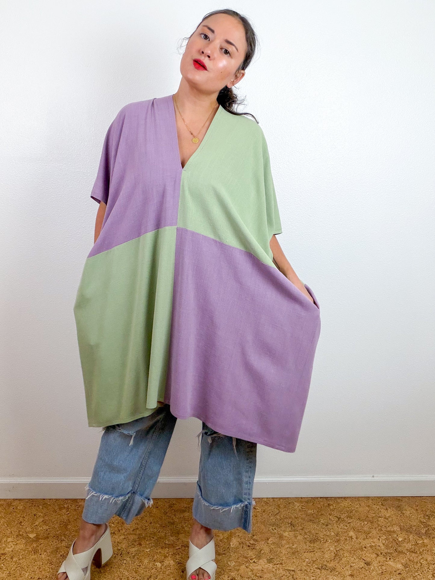 Linen Blend Caftan Dress Lavender Sage Color Block