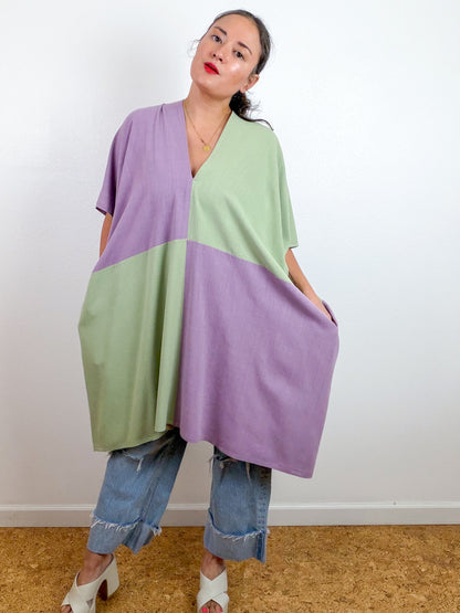 Linen Blend Caftan Dress Lavender Sage Color Block