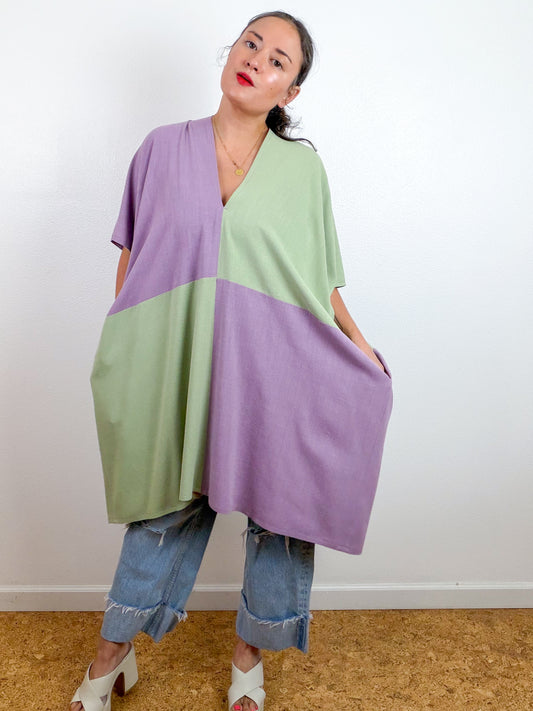 Linen Blend Caftan Dress Lavender Sage Color Block