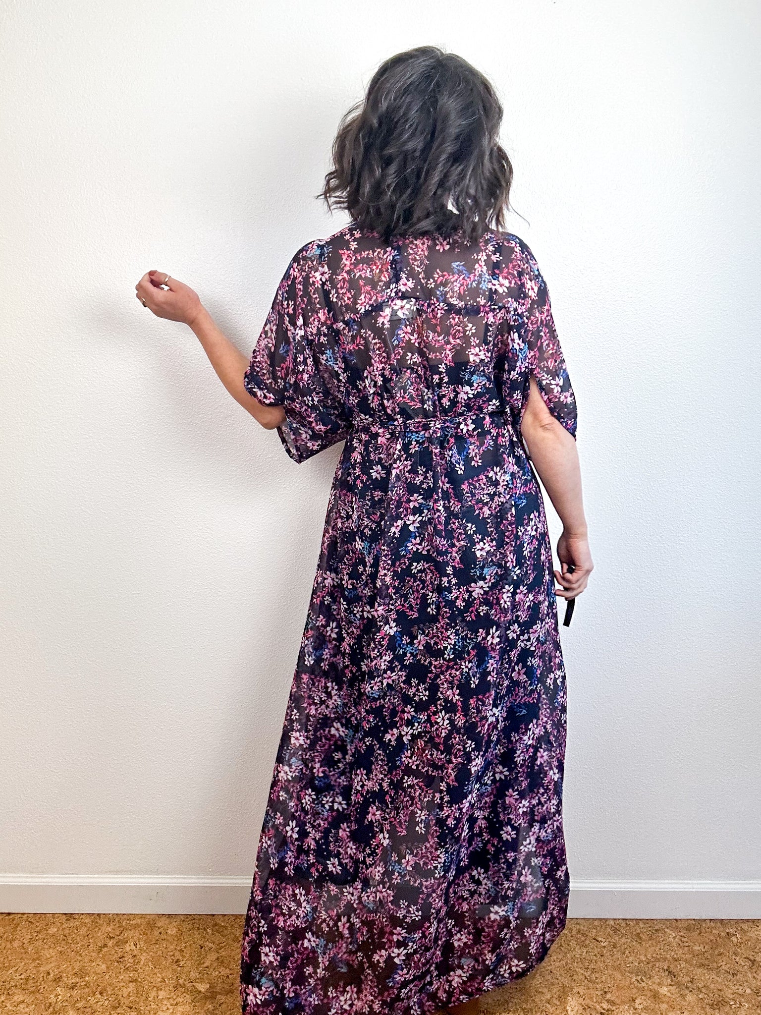 Print High Low Kimono Navy Pink Floral Chiffon