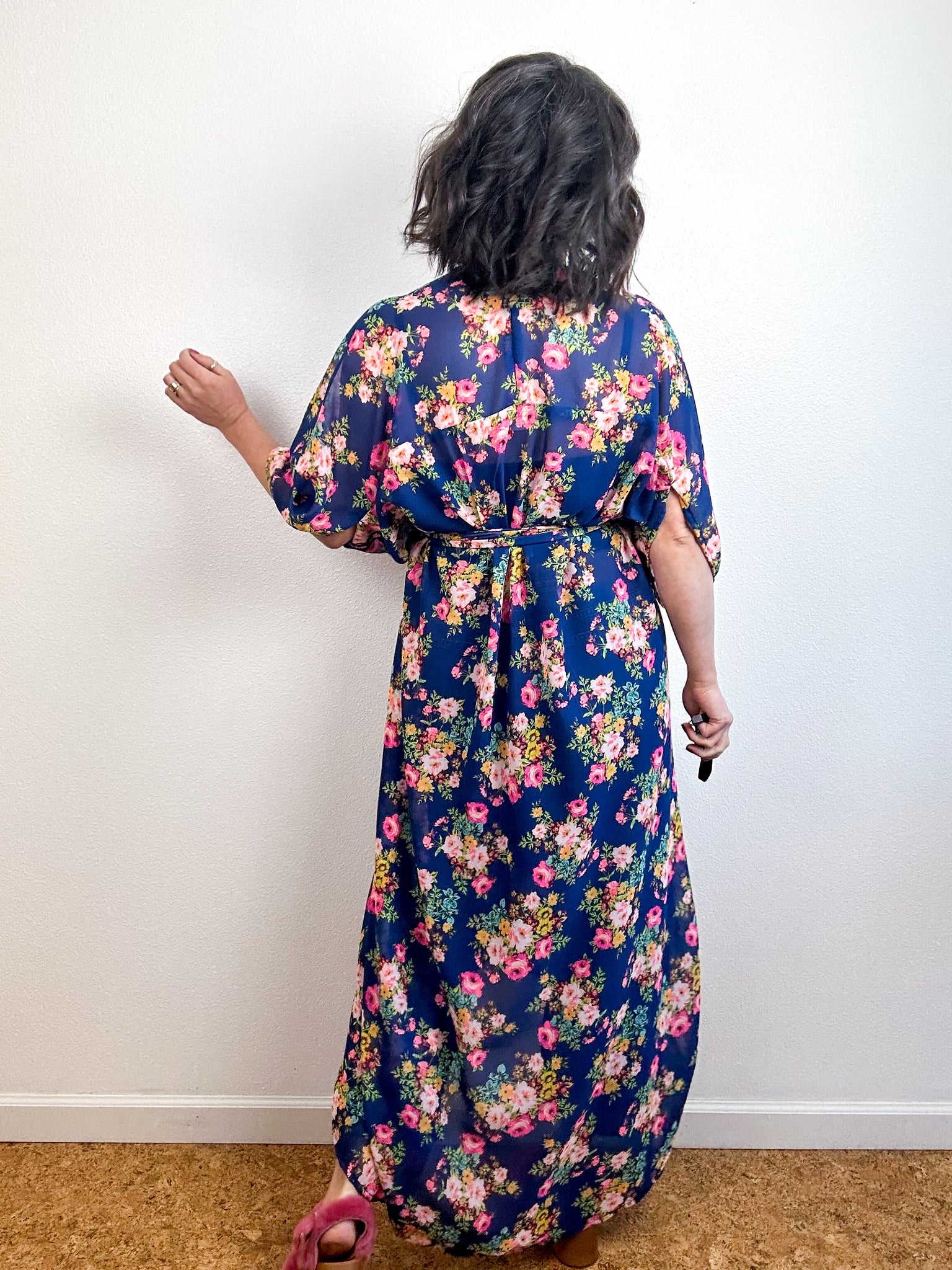 Print High Low Kimono Navy Pink Vintage Floral Chiffon