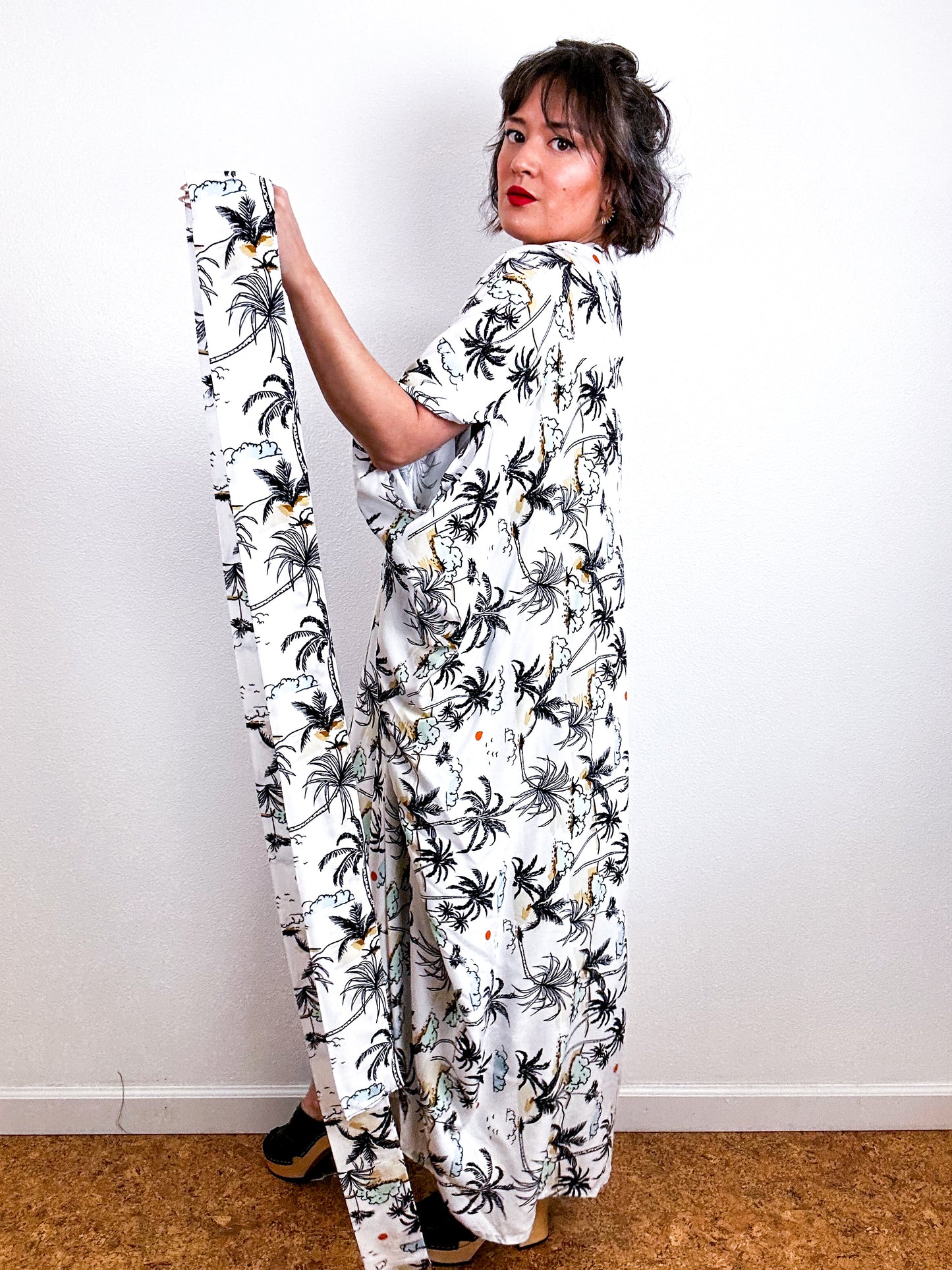 Print High Low Kimono White Palms Challis