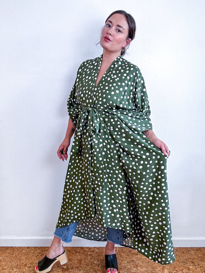 Print High Low Kimono Olive Ivory Dots Challis