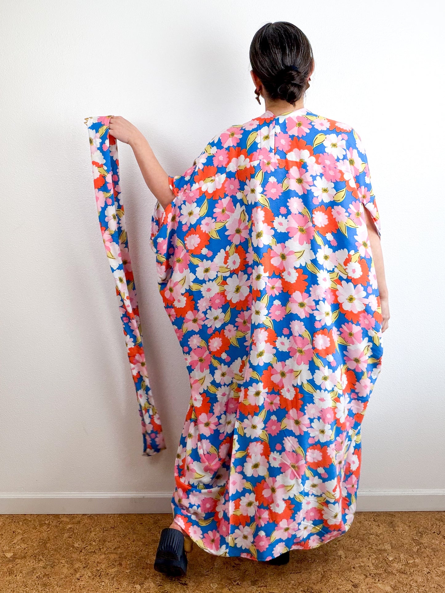 Print High Low Kimono Turquoise Orange Crinkle Challis