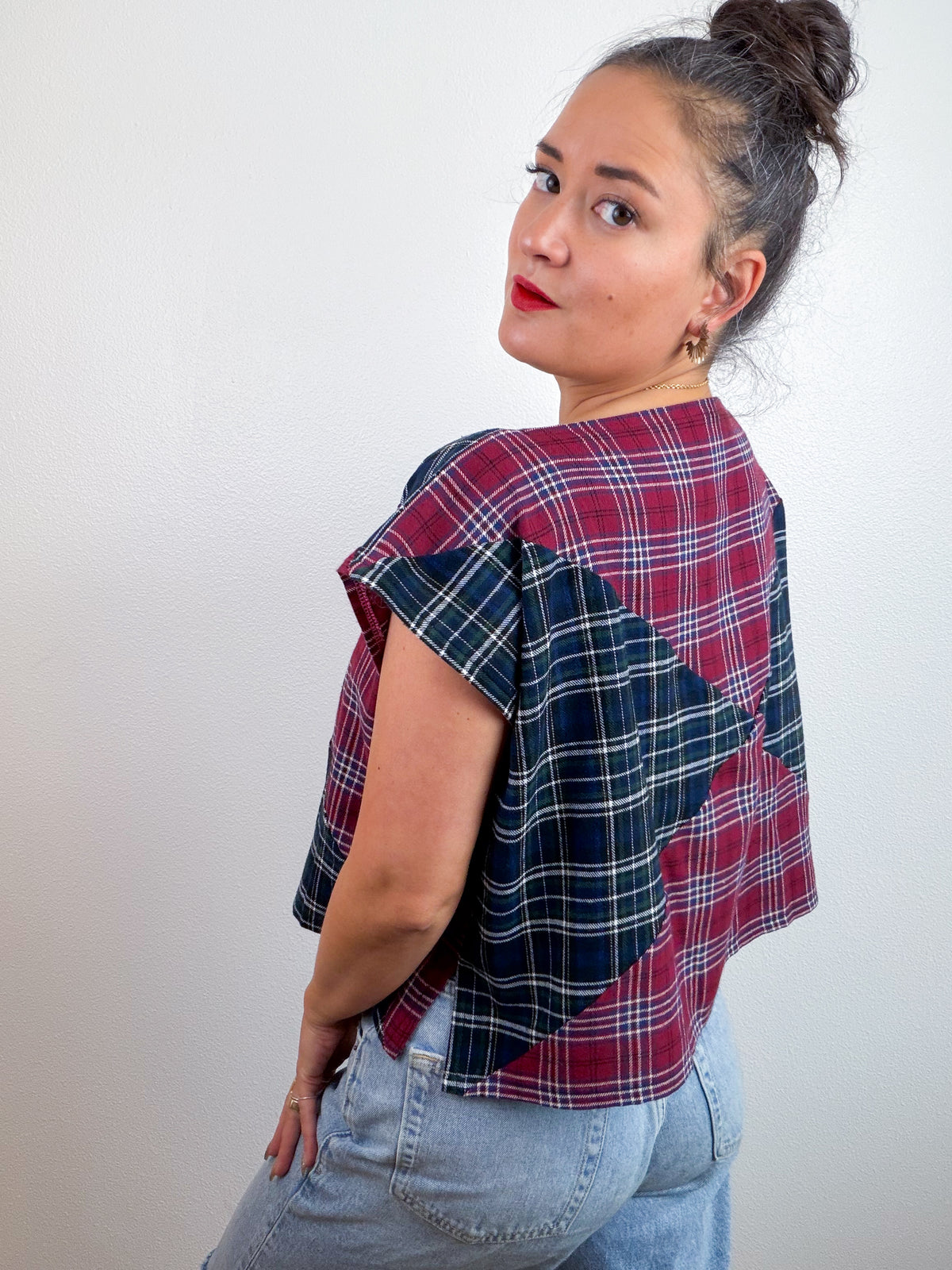 Plaid Flannel Flip Crop Navy Maroon
