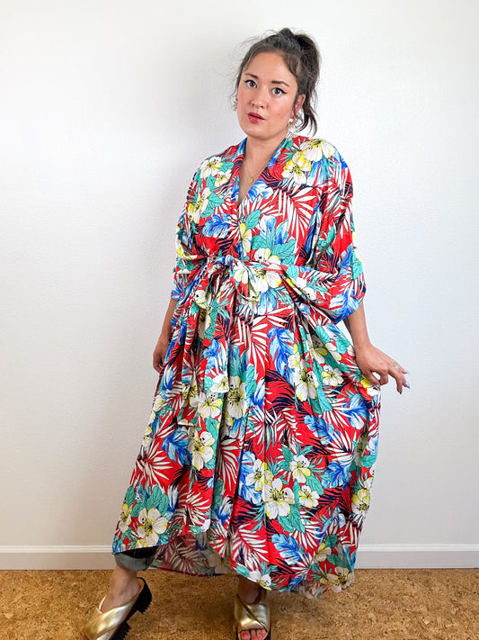 Print High Low Kimono Red Hibiscus Tropical Challis