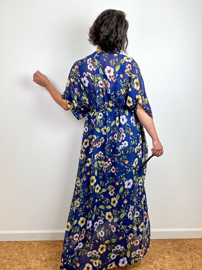 Print High Low Kimono Navy Wildflower Floral Chiffon