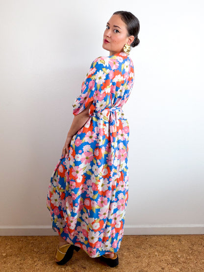 Print High Low Kimono Turquoise Orange Crinkle Challis