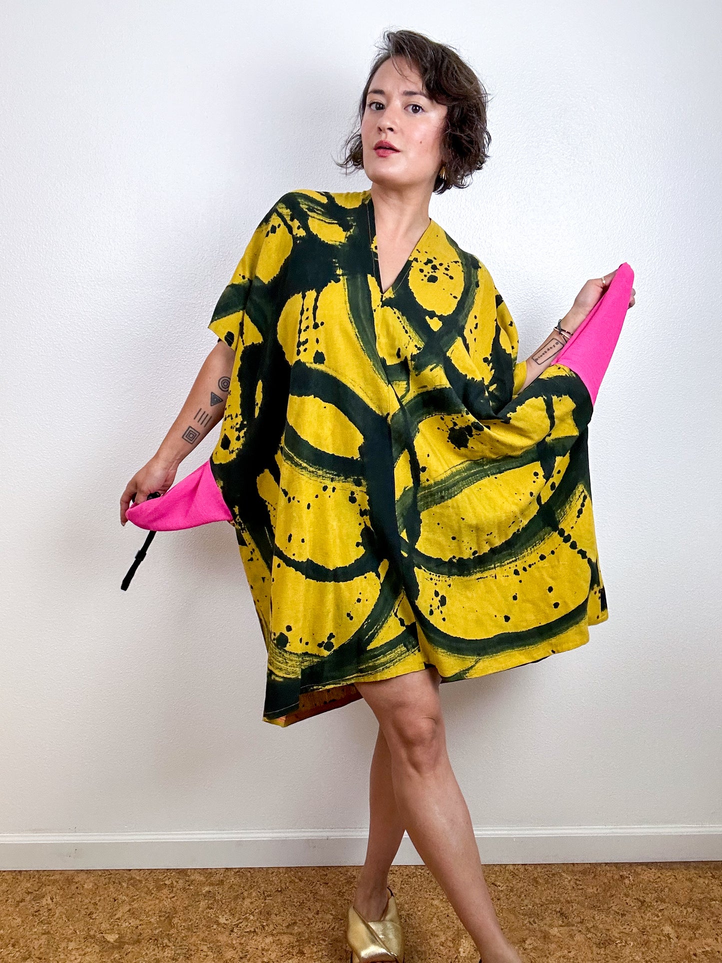Oversized Hand-Dyed Linen Blend Smock Dress Brass Sumi