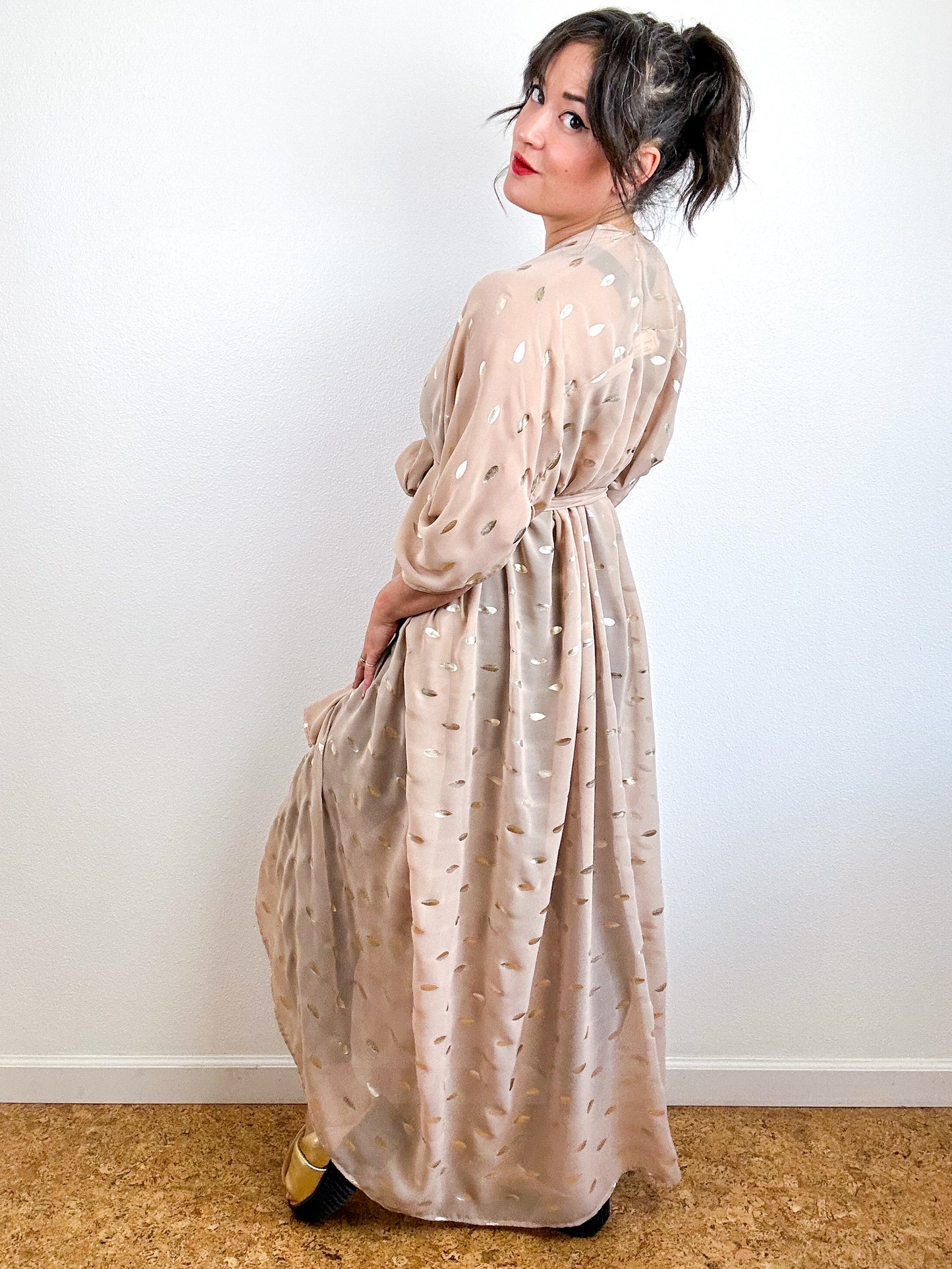 Print High Low Kimono Tan Gold Leaf Chiffon