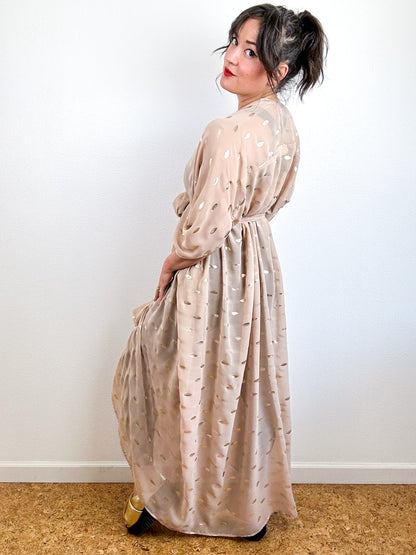 Print High Low Kimono Tan Gold Leaf Chiffon