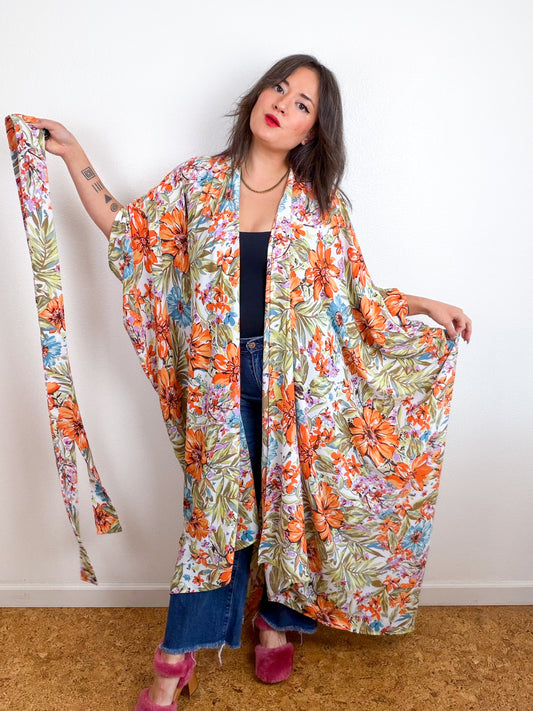 Print High Low Kimono Fall Painterly Floral Bubble Crepe