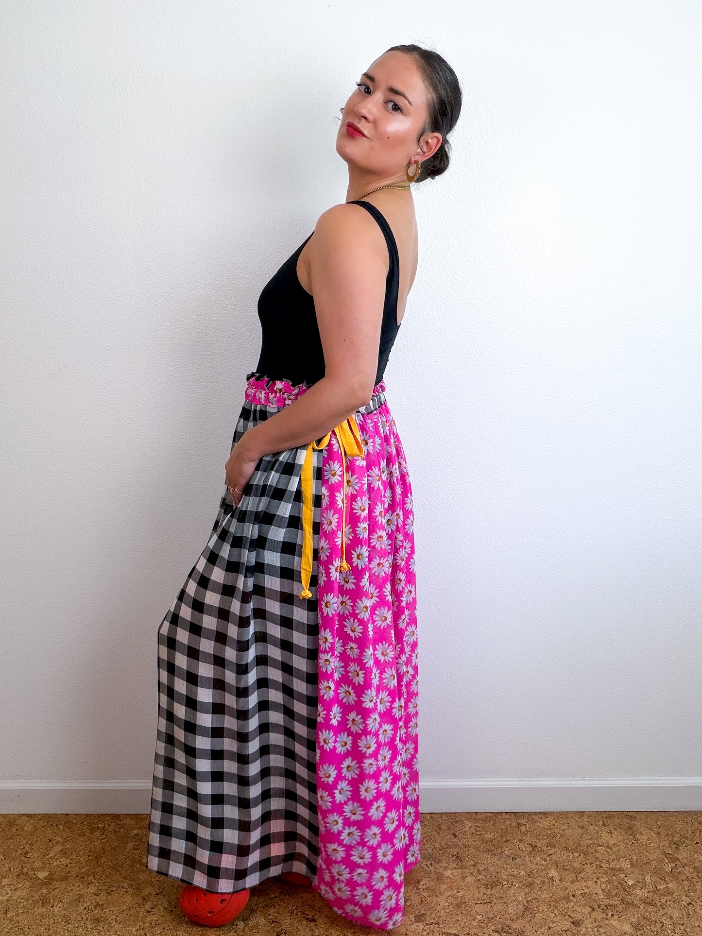 THE SKIRT Pink Daisy Gingham Reversible Chiffon