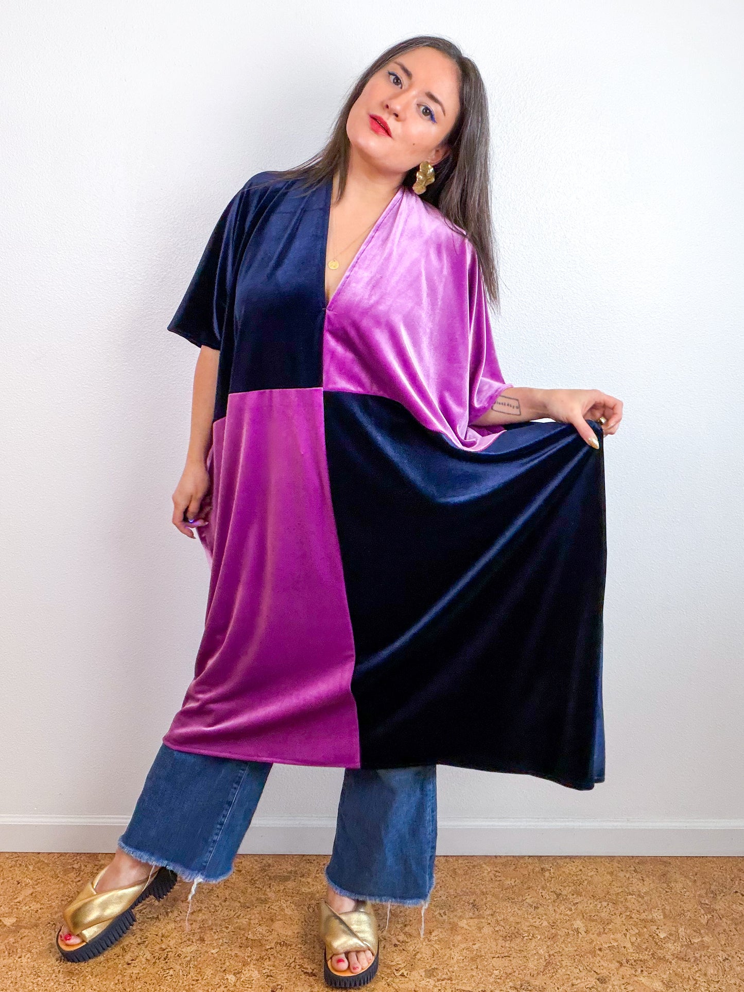 Velvet Caftan Dress Navy Lavender Color Block