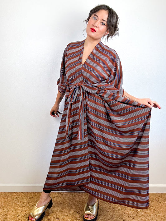 Print High Low Kimono Rust Stripes Georgette