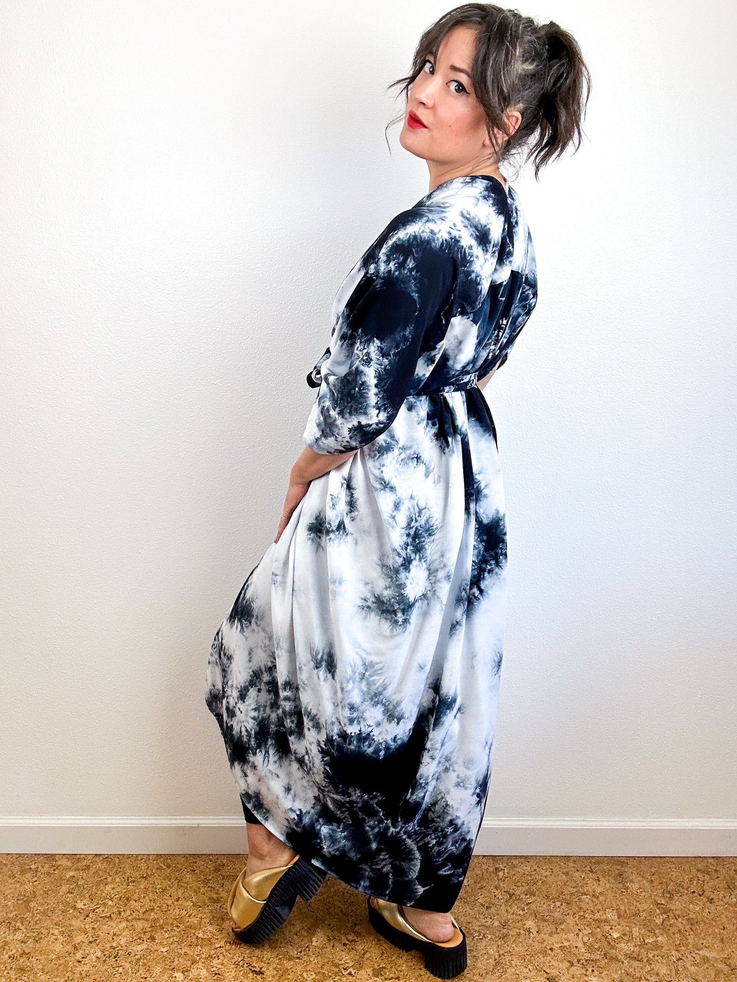 Hand-Dyed High Low Kimono Black Tie