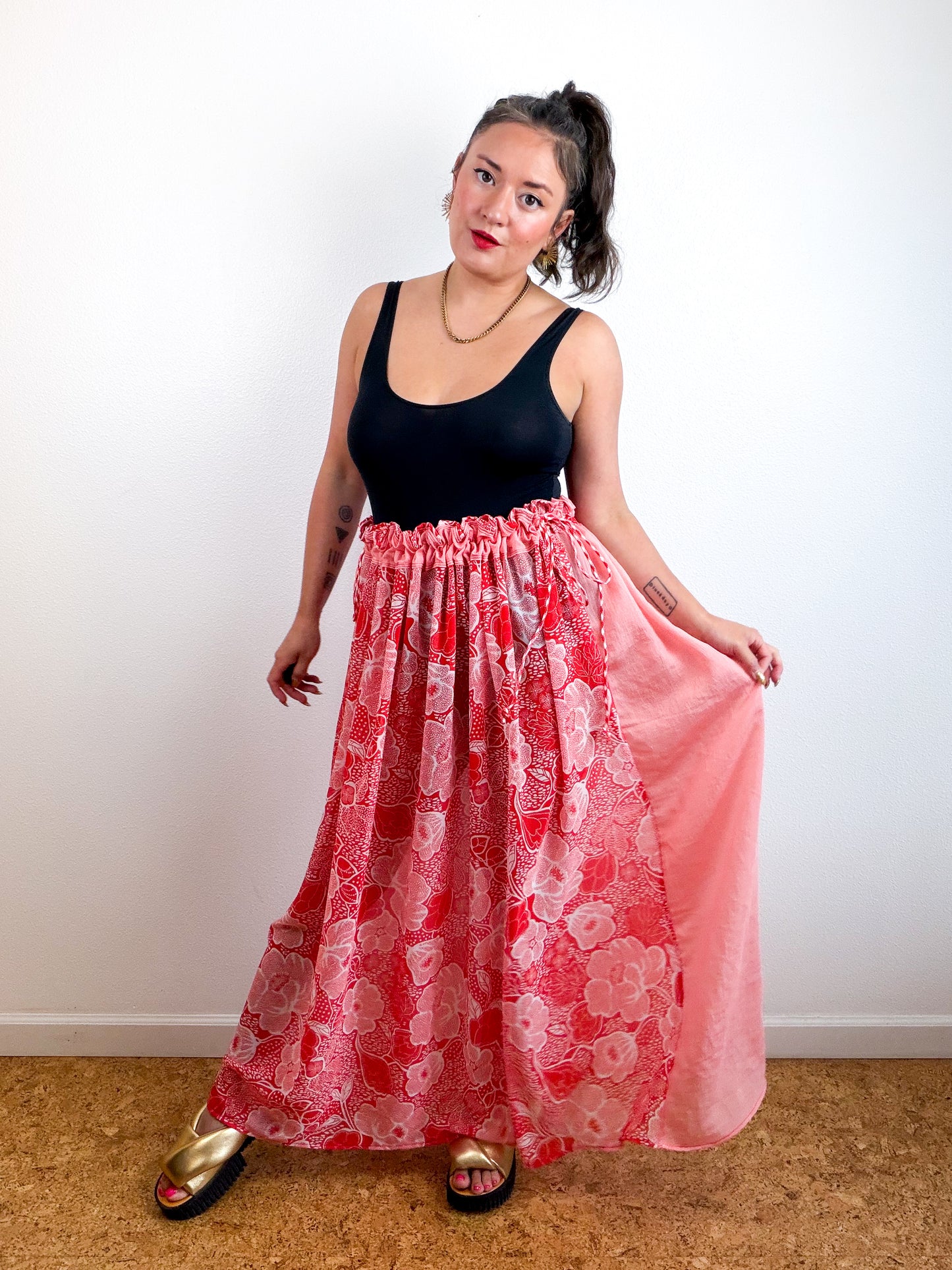 THE SKIRT Coral Crinkle Red Floral Reversible Chiffon