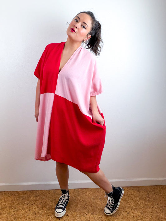 Linen Blend Caftan Dress Pink Red Color Block